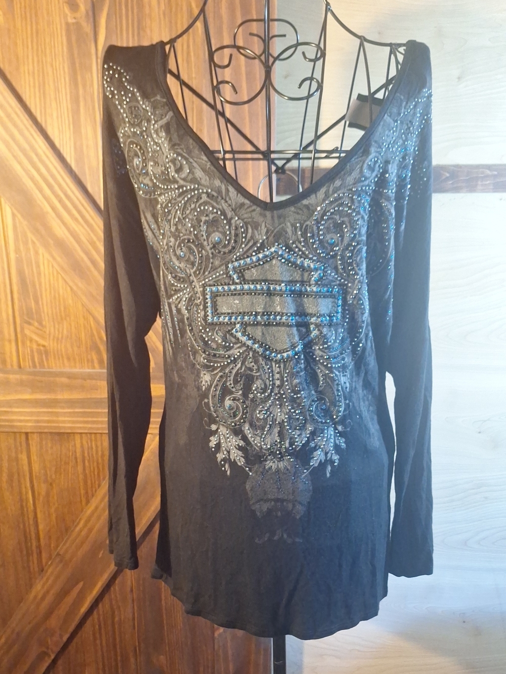 Harley Davidson Women's Black Embellished Long Sleeve Top